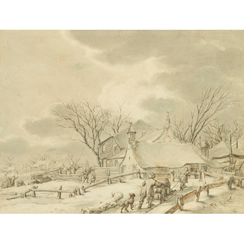 Winter Landscape with Peasants with a Sledge by a Farm, a Town Beyond
